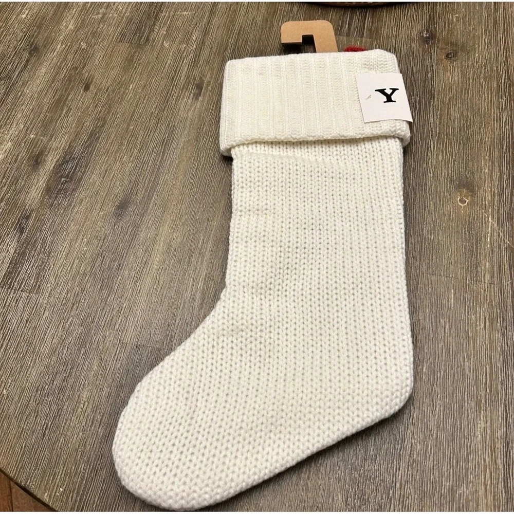 Cream Knit Christmas Stocking Red Letter Y Monogram Personalized Holiday Décor